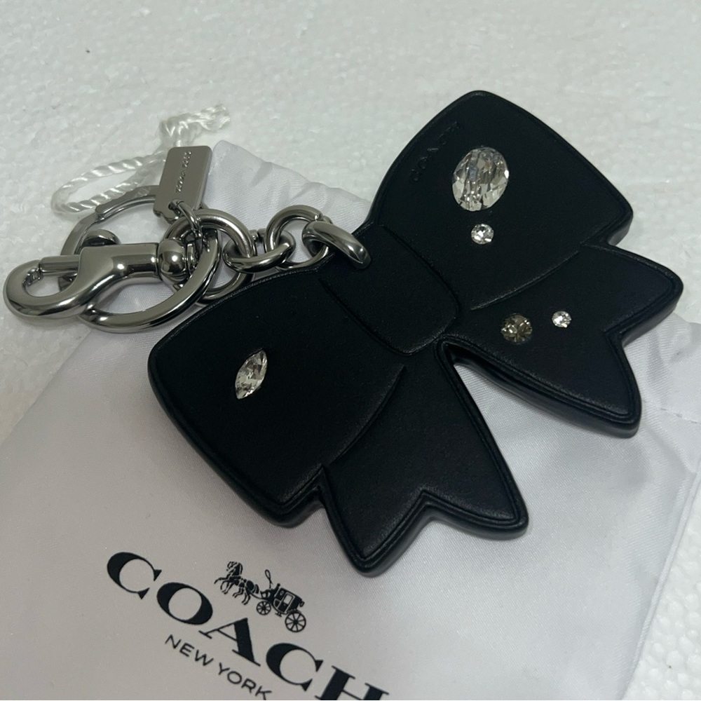 COACH Bow Bag Charm Gem Ribbon Black Leather - Picture 3 of 6